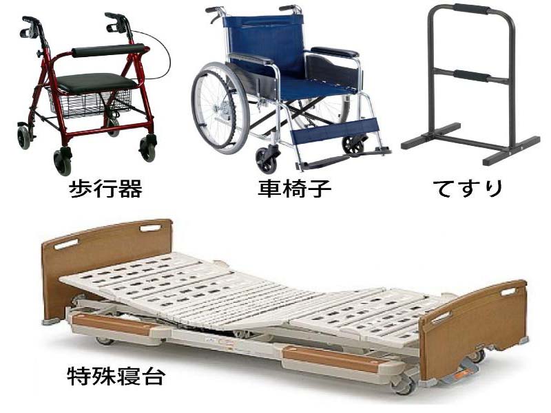 歩行器、車いす、手すり、特殊寝台、介護用品