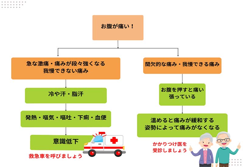 救急車を呼ぶかの判断、腹痛チャート